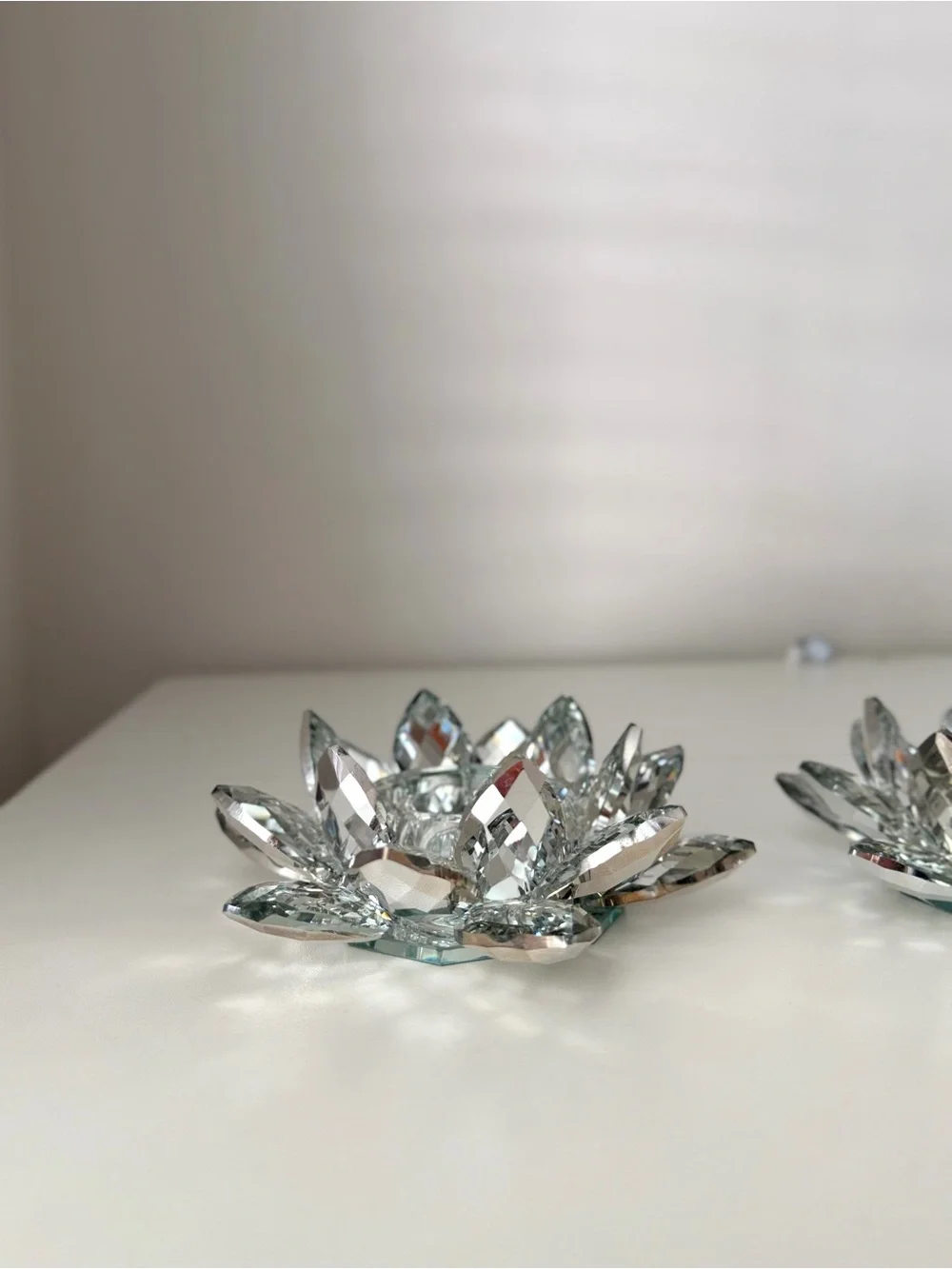 Lot of 2 Crystal Lotus Flower Tealight Candle Holder Glass Lotus Figurine Decor